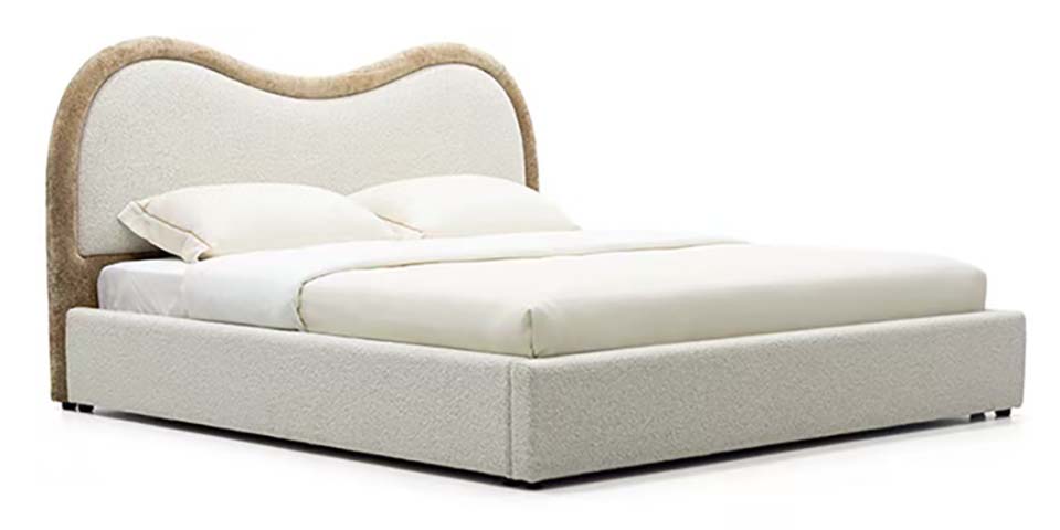 Dual-Tone Boucle Upholstered Platform Bed with Wavy Curved Headboard