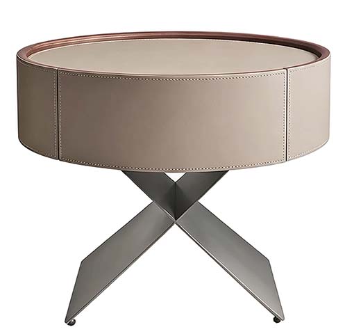 Round Stitched Leather-Wrapped Coffee Table with X-Shaped Metal Spider Base