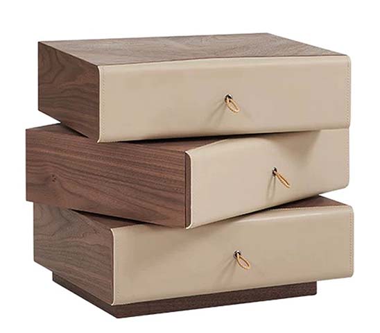 Staggered Stacked 3-Drawer Nightstand with Beige Leather-Wrapped Fronts and Walnut Finish