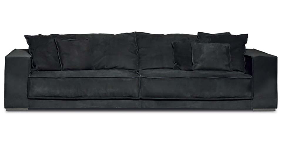 Modern Minimalist Black Matte Nubuck-Effect Fabric 4-Seater Straight Sofa with Square Block Arms