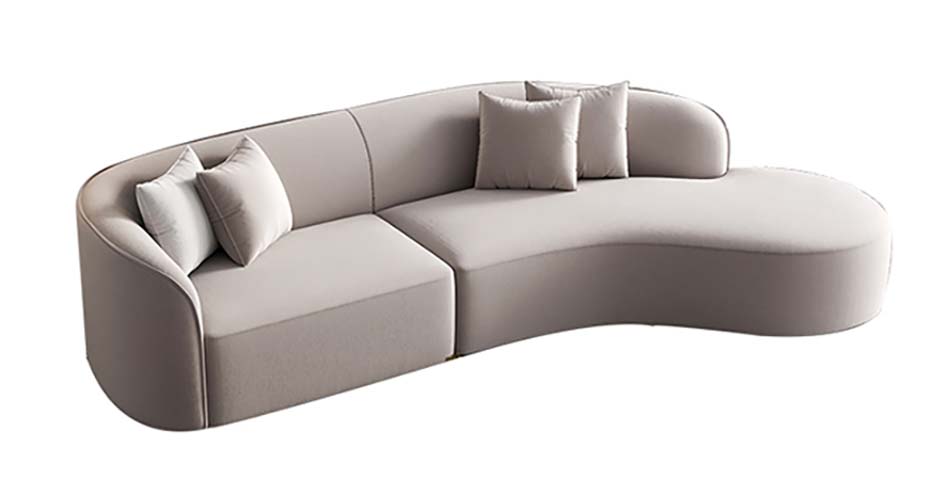 Light Beige Fabric Asymmetric Armless Curved Sofa with 4 Throw Pillows
