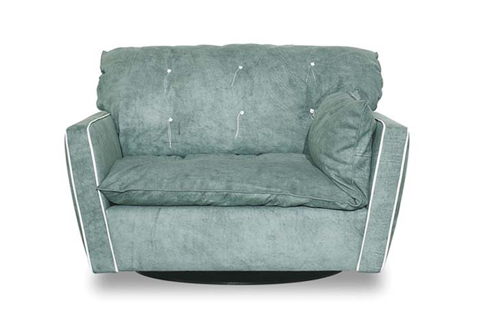 Moss Green Tufted Swivel Upholstered Armchair with White Contrast Piping and Bolster Pillow