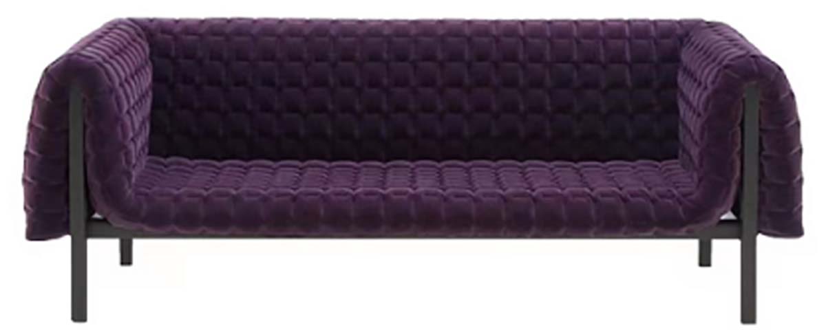 Purple Grid-Quilted Velvet Three-Seat Sofa with Black Metal Frame