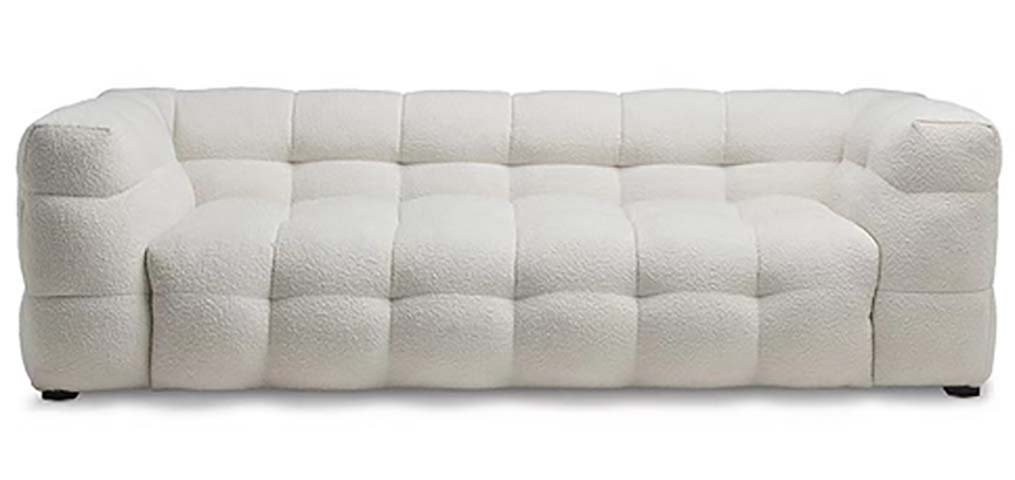 Cream Boucle Biscuit-Tufted Low-Profile 3-Seater Sofa