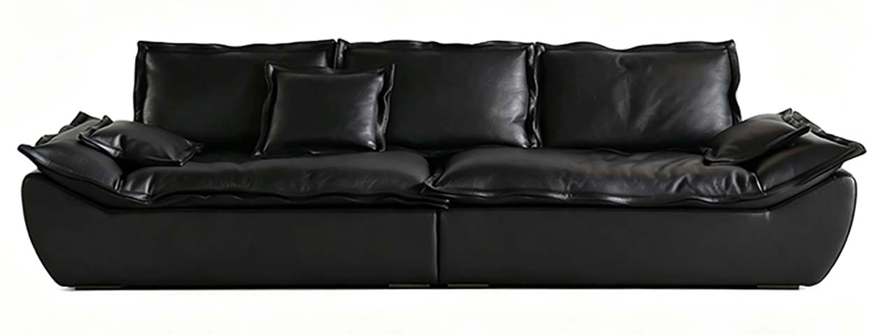 Low-Profile Black Leather Three-Seater Sofa with Curved Platform Base
