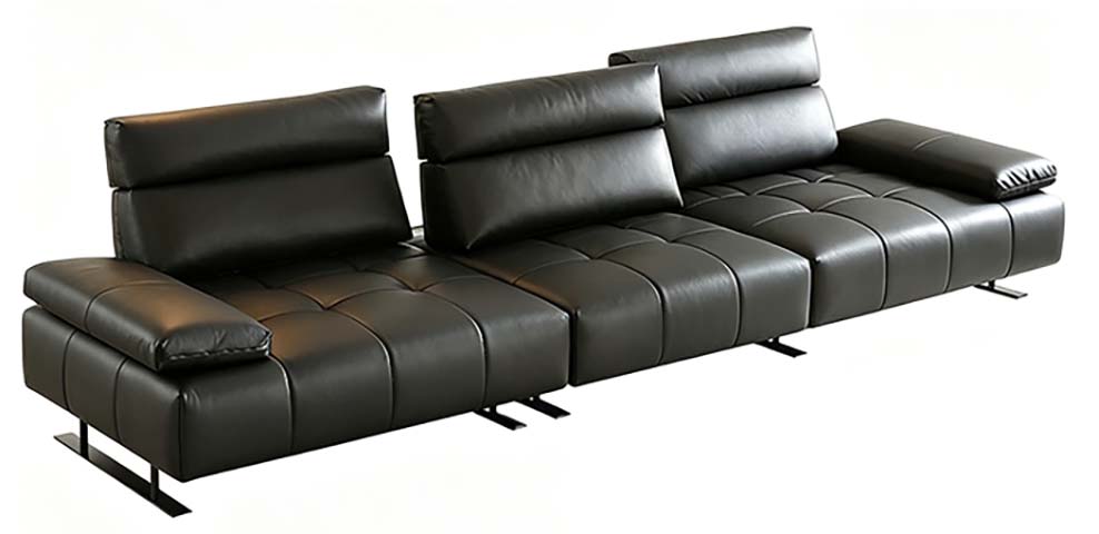 4-Seat Linear Modular Channel-Tufted Black Leather Sofa with Adjustable Headrests