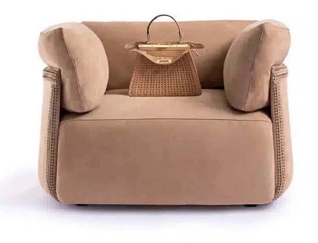 Camel Plush Upholstered Single Lounge Accent Armchair with Woven Arm Trim