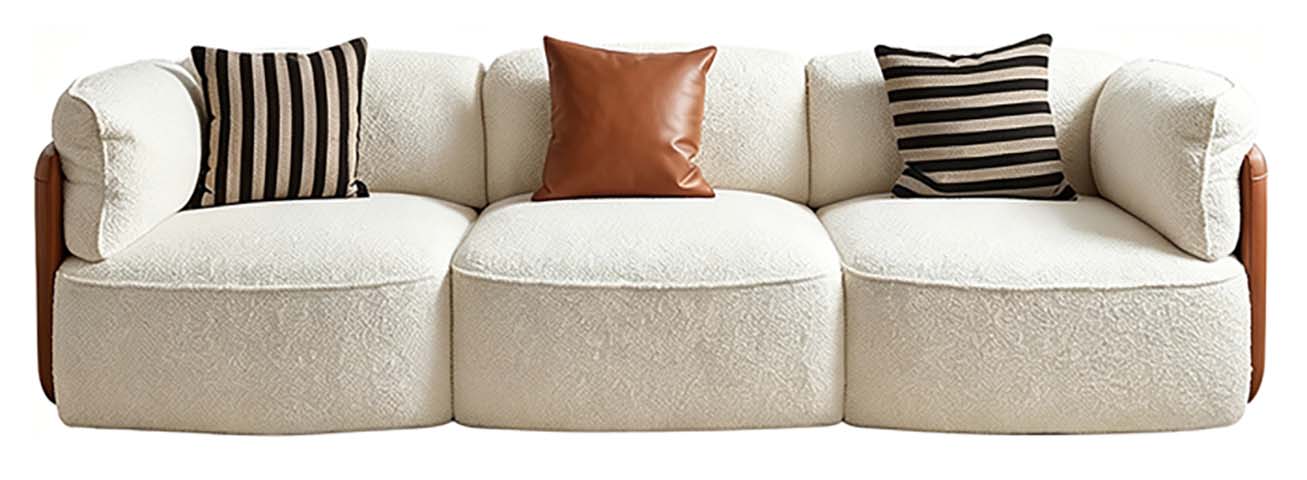 Cream Boucle 3-Seat Straight Sofa with Rolled Arms and Wood Trim