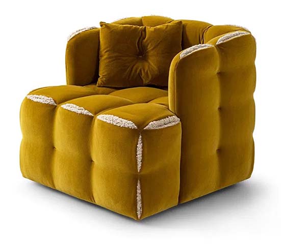 Mustard Yellow Tufted Velvet Lounge Armchair with Contrast Boucle Seam Trim