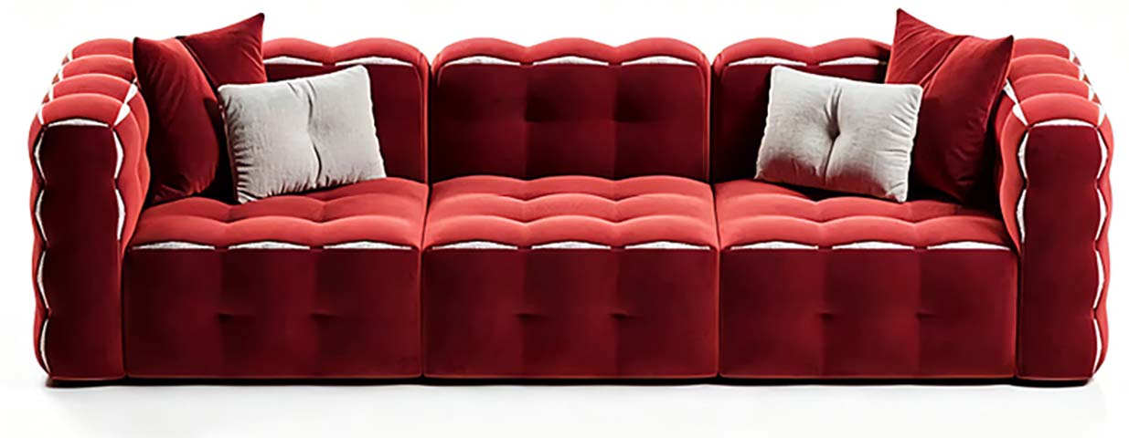 Burgundy Velvet Tufted 3-Seater Modular Sofa with Scalloped Edges and White Contrast Piping