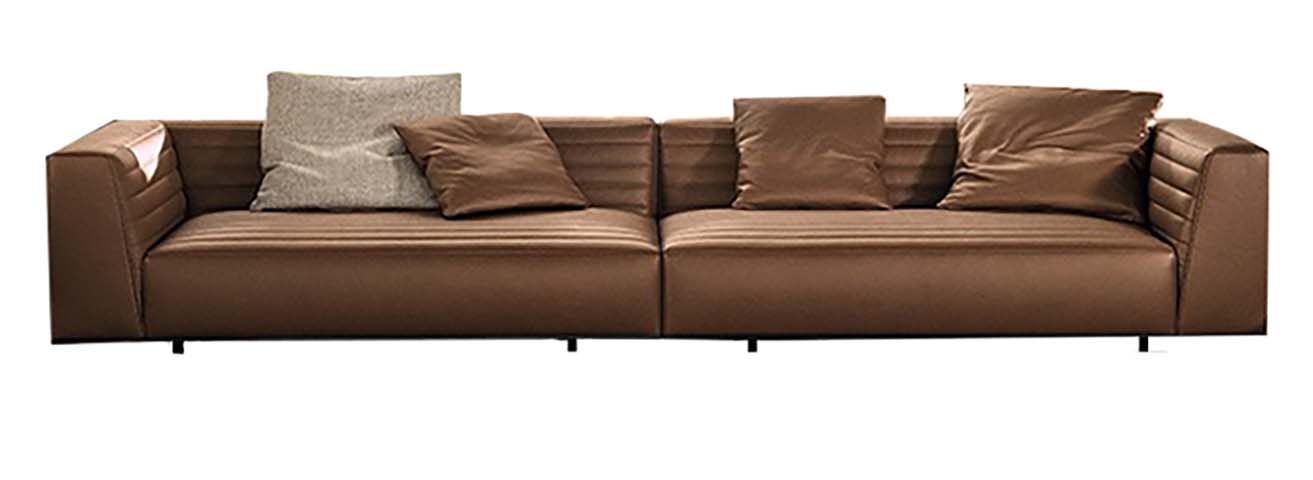 Modern Brown Leather Four-Seater Sofa with Horizontal Channel Stitching