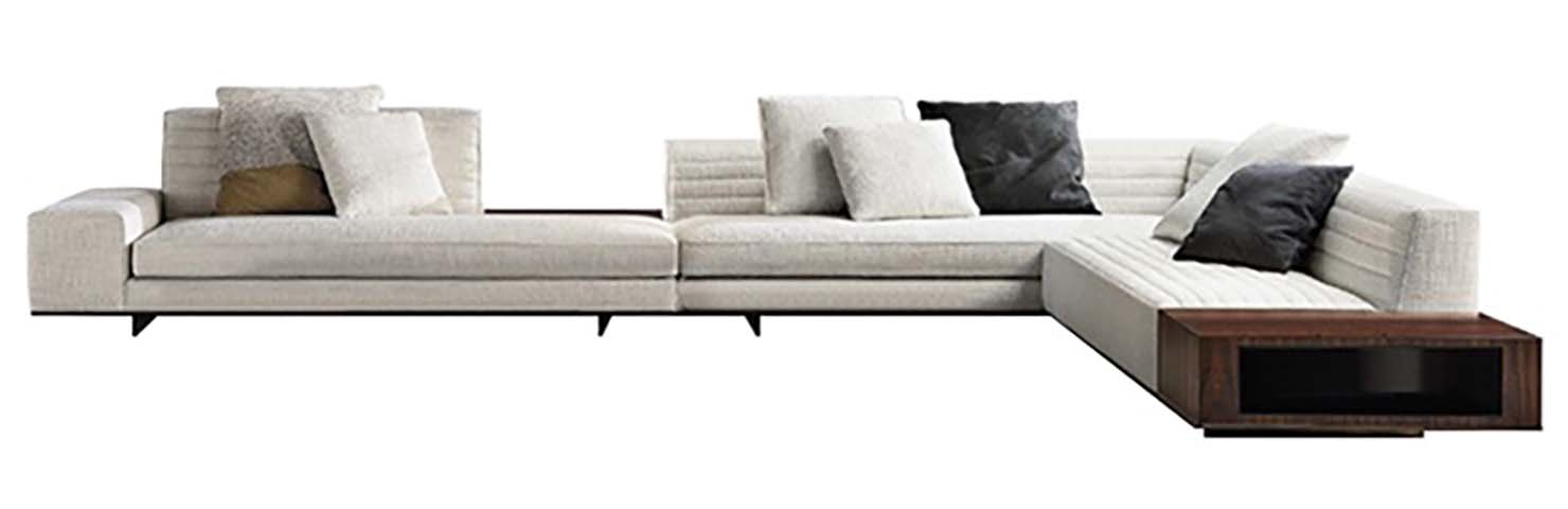 Off-White Woven Fabric L-Shaped Sectional Sofa with Integrated Walnut Side Shelf