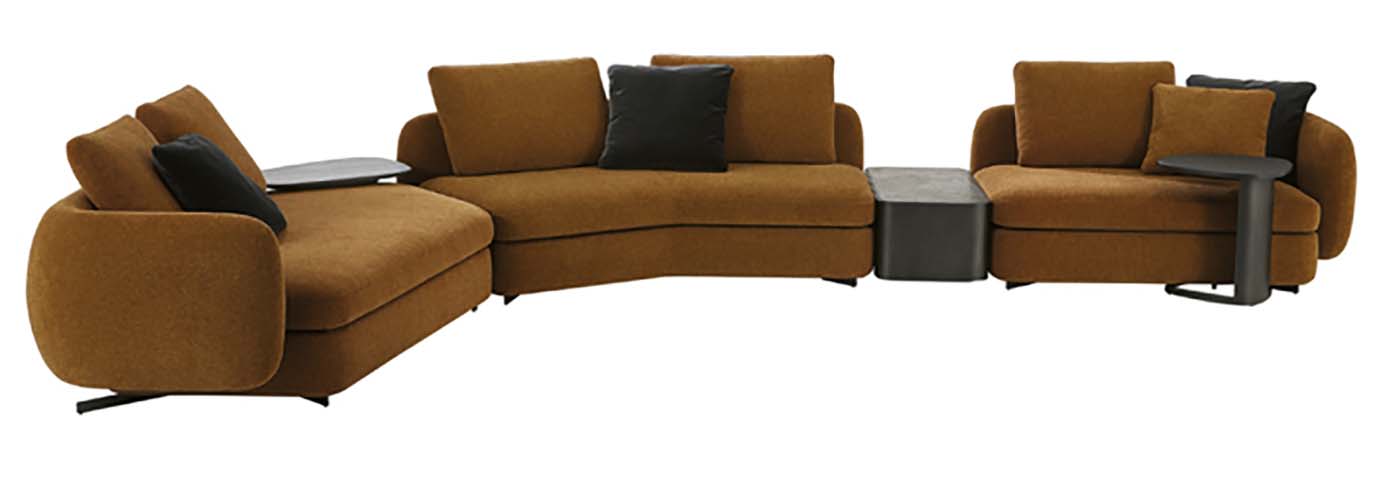 Caramel Woven Fabric Curved Modular Sectional Sofa with Integrated Side Tables