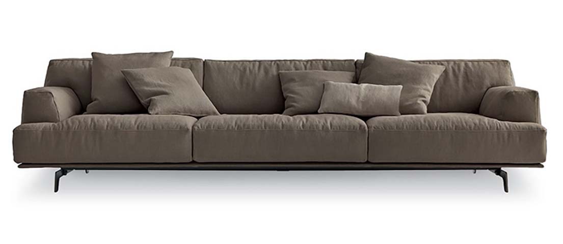 Taupe Woven Fabric Three-Seat Sofa with Black Metal Legs