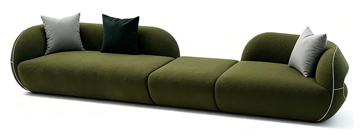 Olive Green Textured Fabric 3-Module Curved Sectional Sofa with White Contrast Piping