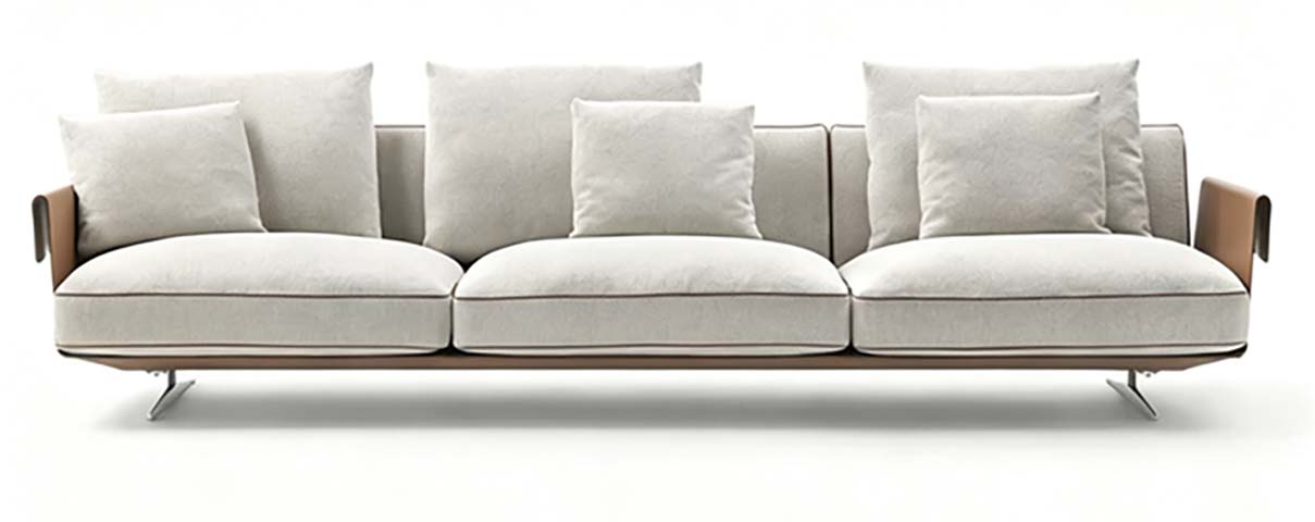 Contemporary Three-Seater Sofa with Off-White Fabric Upholstery and Saddle Brown Wrapped Armrests