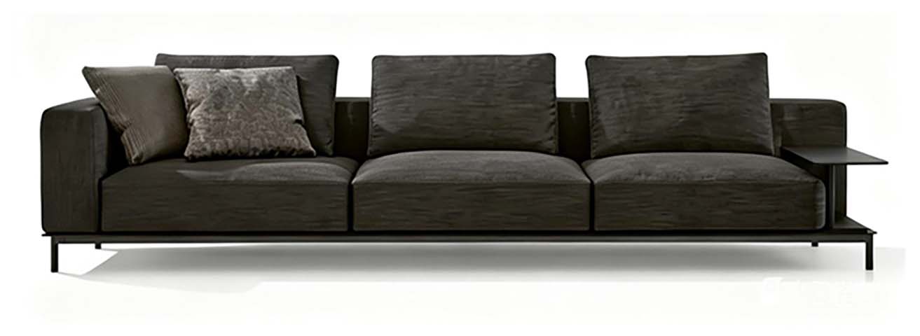 Charcoal Fabric Three-Seat Sofa with Integrated Right Metal Side Table
