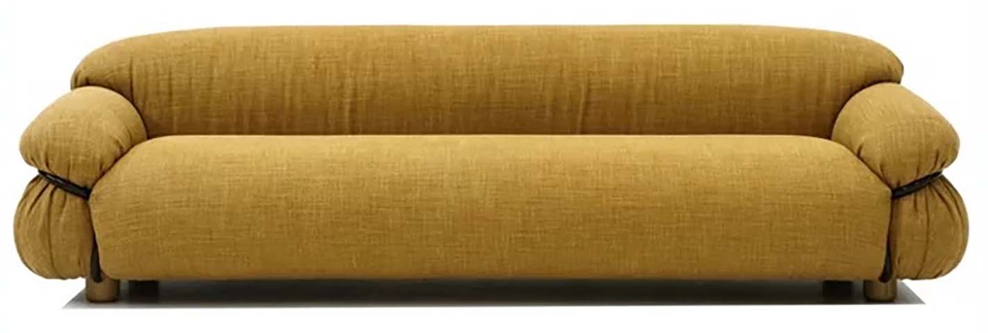 Mustard Yellow Linen-Blend Upholstered Three-Seater Sofa with Black Strap Arm Details