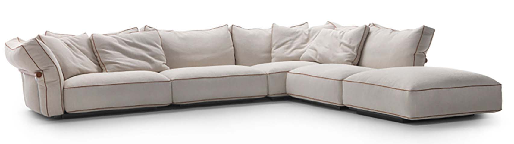 Beige L-Shaped Modular Sectional Sofa with Right Chaise and Contrast Brown Piping