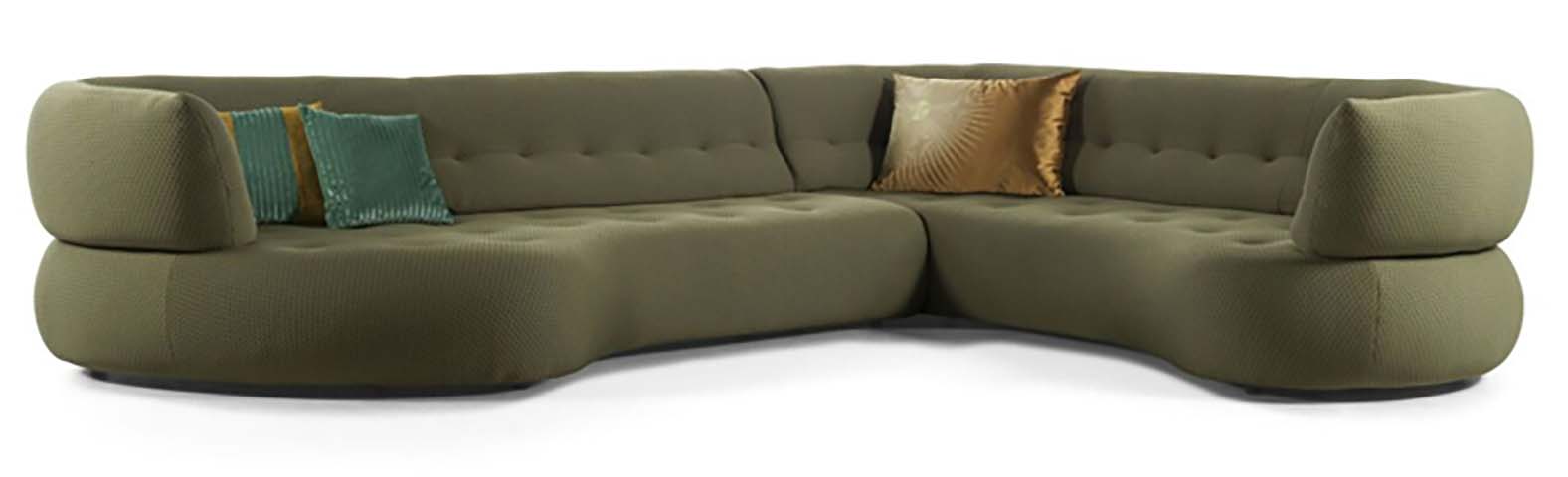 Olive Green Button-Tufted Curved L-Shaped Sectional Sofa