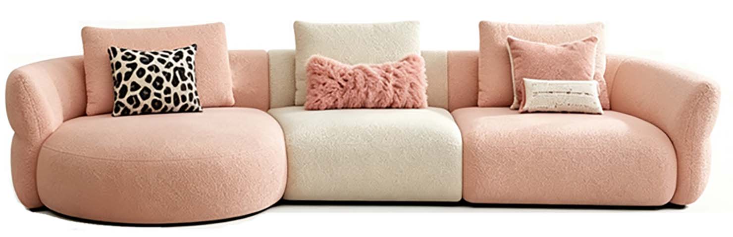 Blush Pink and Cream Color-Block Curved 3-Seat Boucle Sectional Sofa
