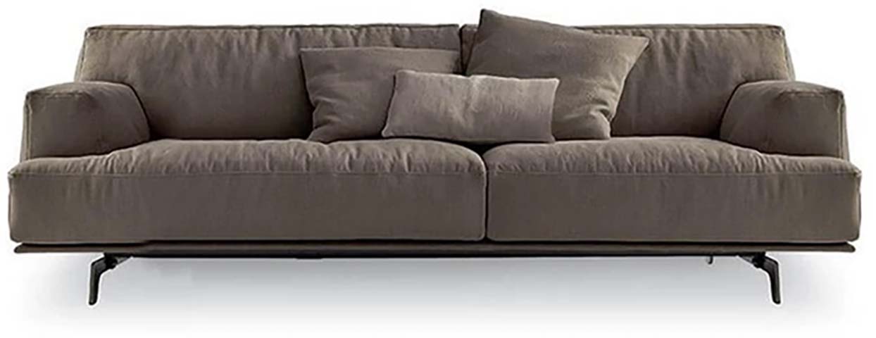 Taupe Linen-Like Upholstered Two-Seat Sofa with Angled Black Metal Legs