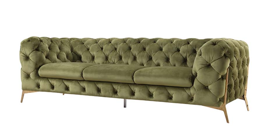 Olive Green Velvet All-Over Button-Tufted 3-Seater Chesterfield Sofa