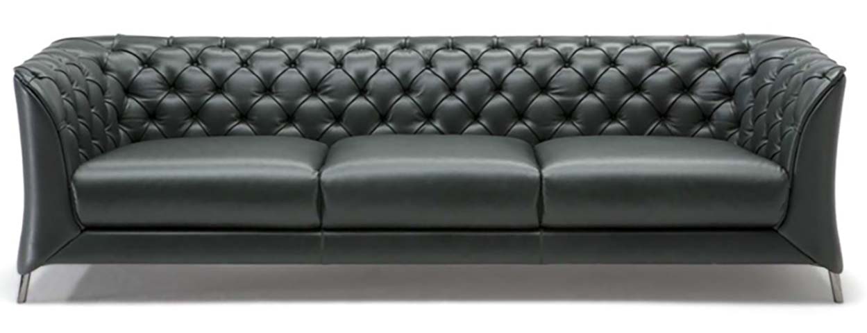 Dark Gray Diamond-Tufted Curved Arm 3-Seat Leather Sofa