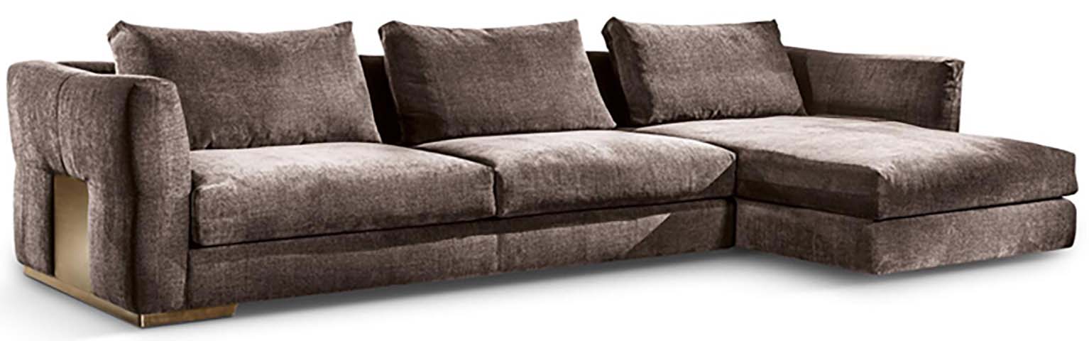 Dark Taupe Textured Fabric Right-Chaise Sectional Sofa with Brushed Brass Plinth Base