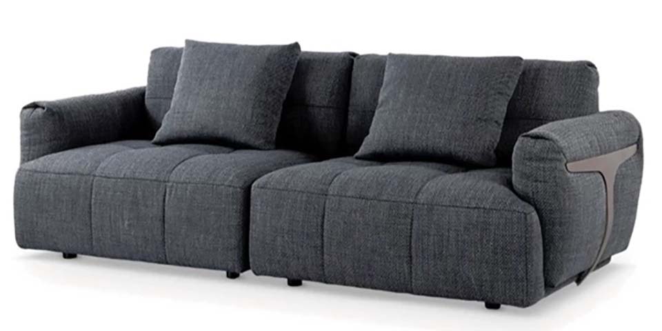 Charcoal Grid-Quilted 3-Seater Upholstered Sofa with Metal Arm Accent