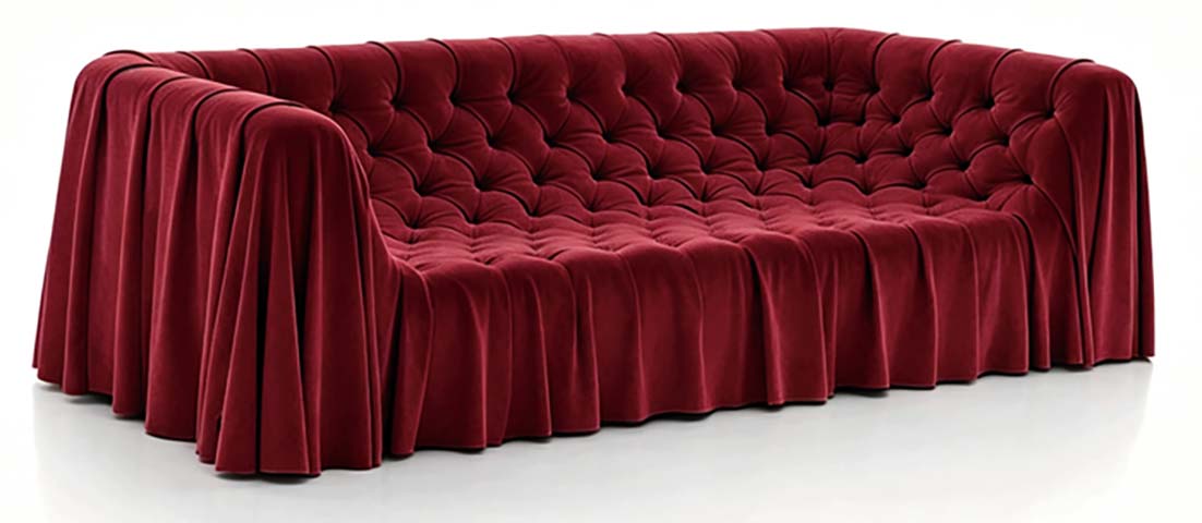 Burgundy Velvet Tufted Three-Seat Skirted Sofa