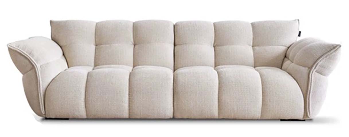 Cream Grid-Tufted Boucl&eacute; Low-Profile Three-Seater Sofa
