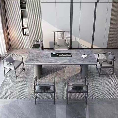Modern New Chinese Style Stone Top Reception Tea Desk with Attached Side Tea Stand