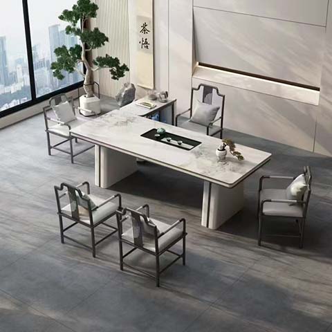 New Chinese Style 6-Seat Stone Top Tea Ceremony Meeting Table with Integrated Tea Tray and Side Server