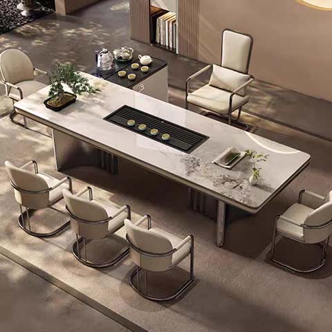 6-Seat Light Luxury Sintered Stone Tea Ceremony Meeting Table with Side Prep Cabinet