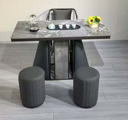 Modern Grey Sintered Stone Top Tea Dining Table with Central Dual-Slant Pedestal Base