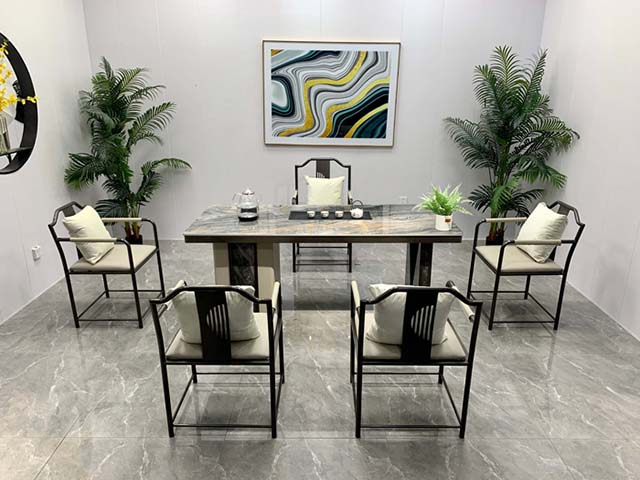 New Chinese Style 6-Seat Sintered Stone Tea Dining Table Set with Matching Armchairs