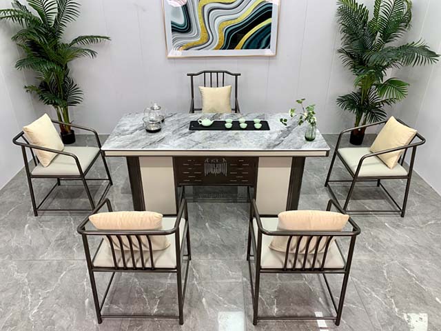 Modern Chinese Style Marble Top Tea Table Set with 5 Chairs