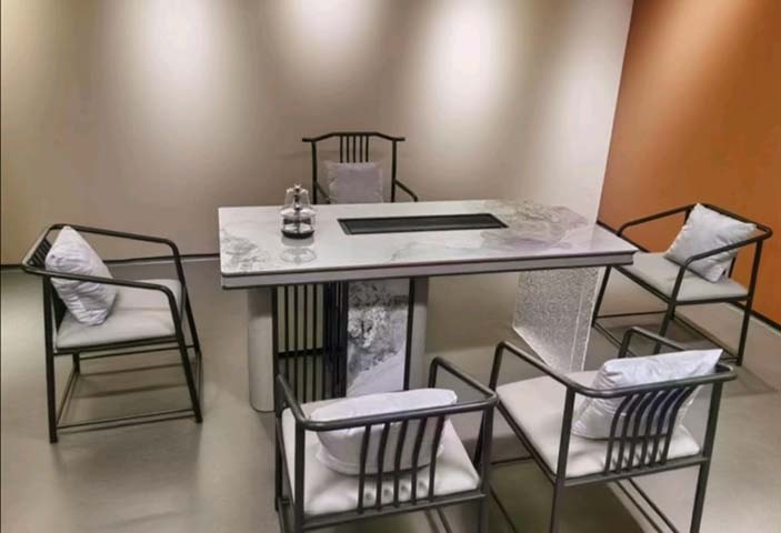 Modern Chinese Style Sintered Stone Tea Ceremony Desk Set with 5 Upholstered Chairs