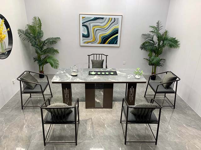 Modern Light Luxury Sintered Stone Tea Dining Table Set with 5 Matching Metal Frame Chairs and Integrated Tea Tray
