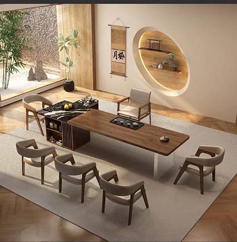 6-Seat New Chinese Solid Wood L-Shaped Tea Ceremony Conference Dining Table