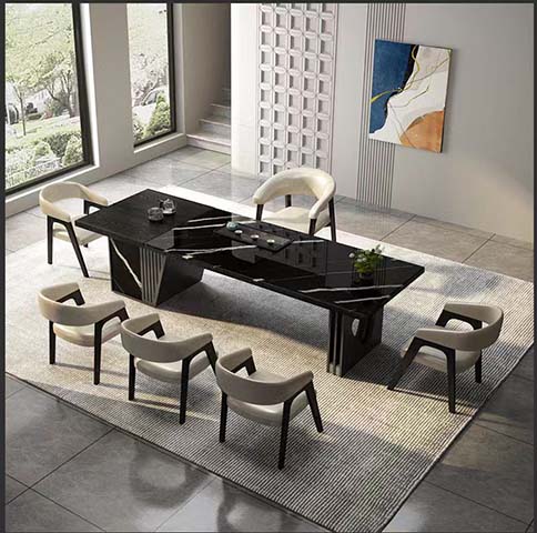 High-Gloss Black Integrated Tea Brewing Reception Table with Dual Block Pedestal Bases