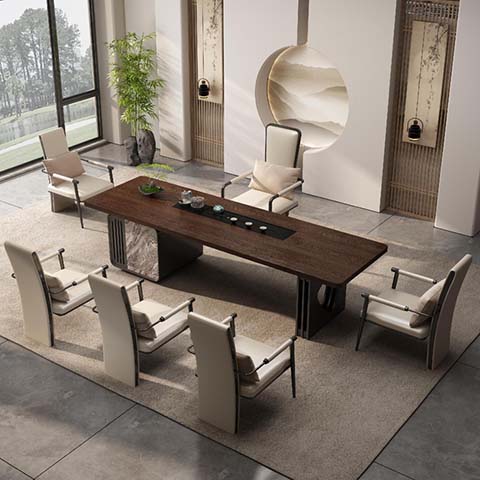 New Chinese Style Rectangular Solid Wood Tea Table with Six Matching Armchairs