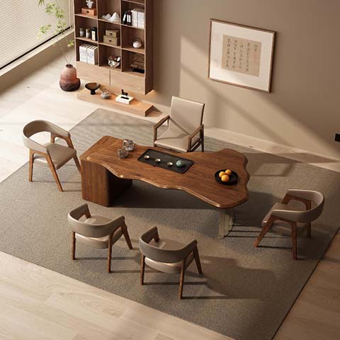 Irregular Live-Edge Solid Wood Low Tea Table with Integrated Recessed Tea Tray