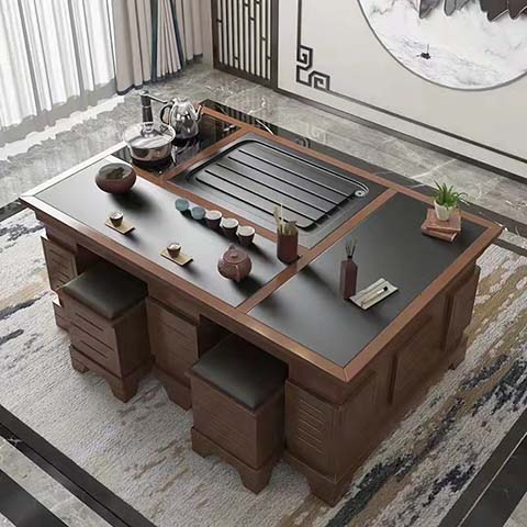 New Chinese Style Walnut Finish Integrated Kung Fu Tea Coffee Table with Matching Stools