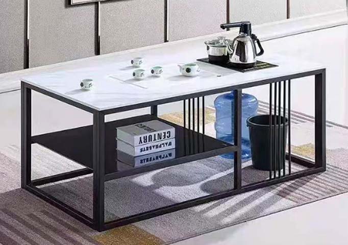 Integrated Electric Tea Brewing Coffee Table with White Stone Top and Black Metal Frame
