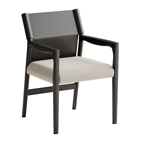Dark Solid Wood Frame Beige Fabric Upholstered Dining Armchair
