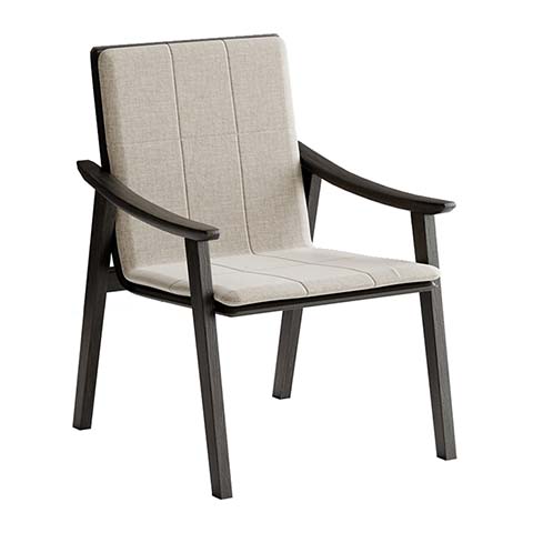 Dark Wood Frame Beige Vertical Channel-Stitched Upholstered Dining Armchair