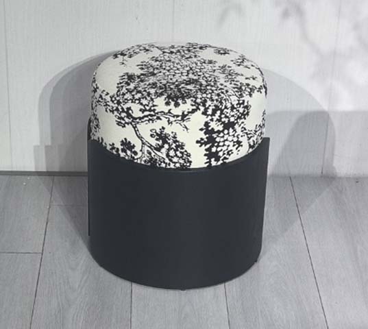 Two-Tone Black and White Tree Print Round Upholstered Storage Ottoman