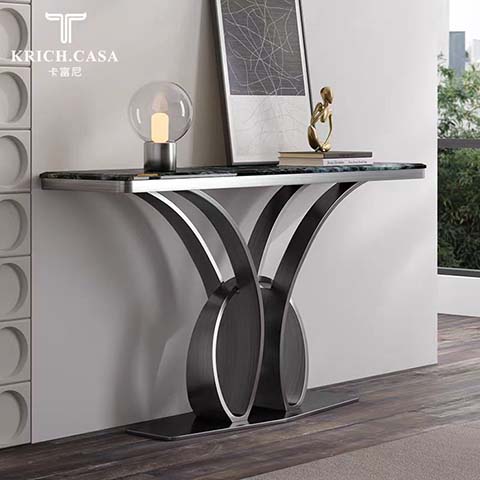 Modern Luxury Sculptural Metal Base Dark Stone Top Entry Console Table